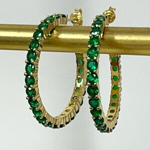 Last Pair: 925 Sterling Silver Yellow Gold-Plated Hoop Earrings with Green CZ